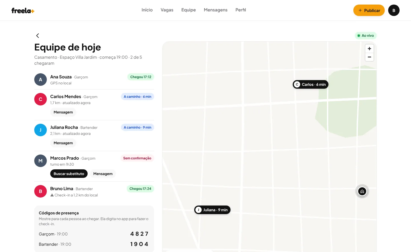 Equipe de hoje: quem chegou, quem está a caminho e o mapa ao vivo