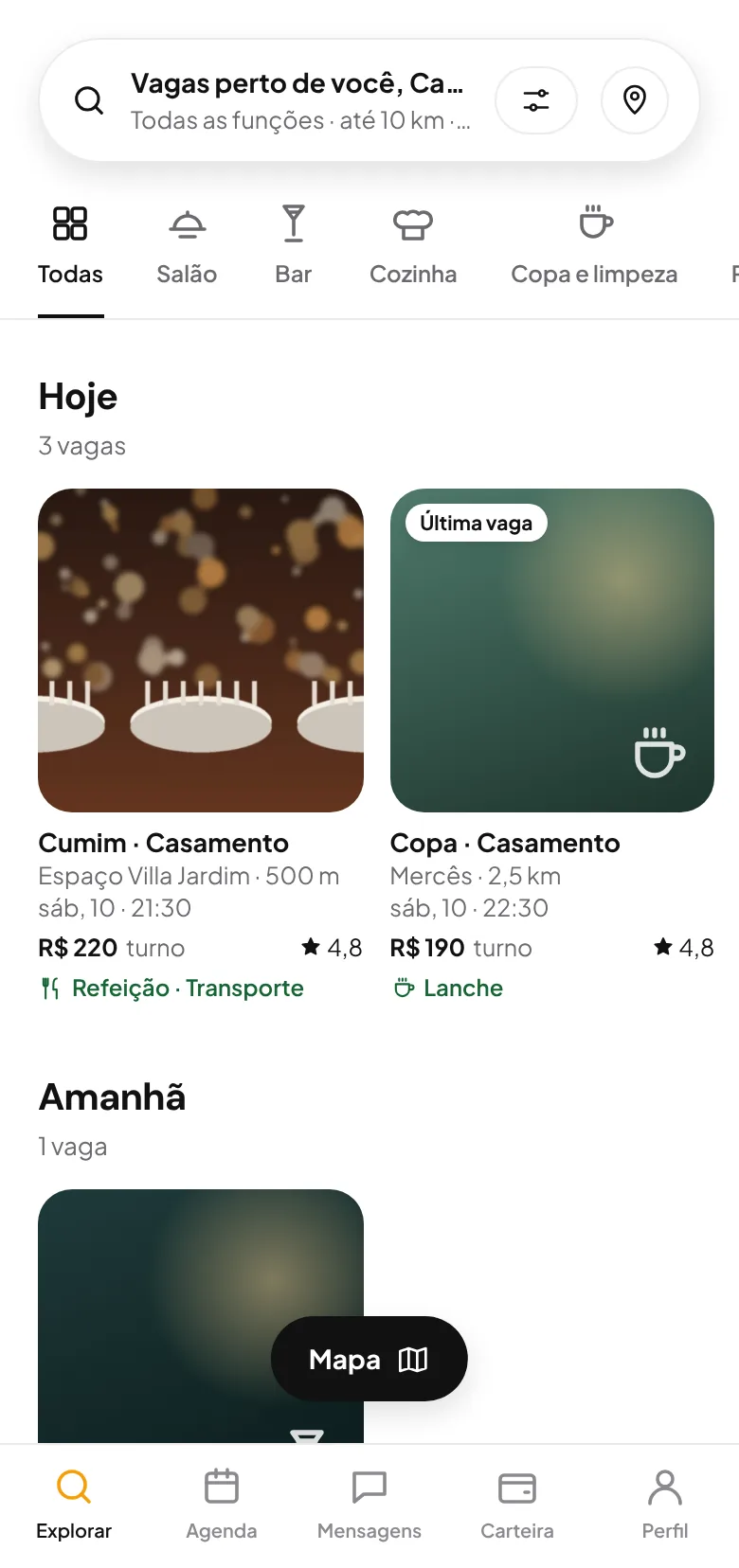 Tela de vagas do freela com as oportunidades de hoje perto dele